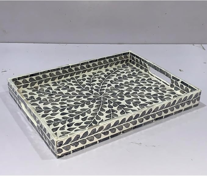 CLAYNIX Serving Tray 15.7" X11.8", Lacquer Mother of Pearl Inlay Mosaic Tray, Rectangle Wooden Marble Tray with Handles Trays for Tea, Breakfast in Bed, Table (Black Leaf)
