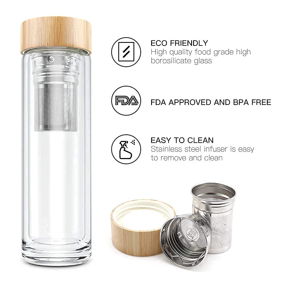 COMI Tea Infuser Bottle, Glass Tea Bottle with Infuser, 14 oz, Double Wall