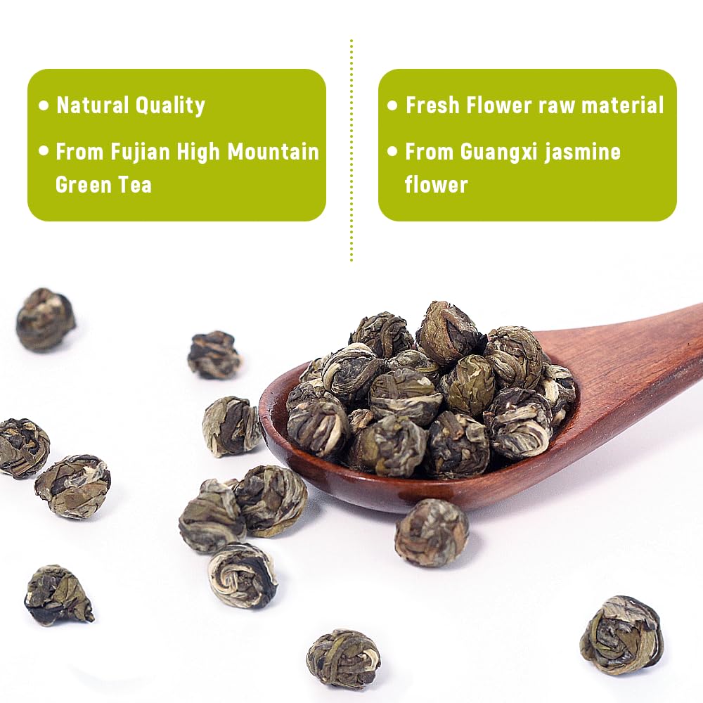 LWXLJMJZC Jasmine Dragon Pearls Green Tea, Hand-Rolled Loose Leaf, 3.53oz