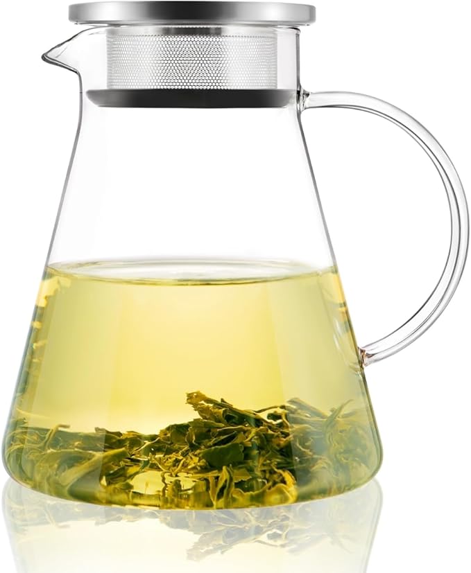 CNGLASS 40oz/1200ml Glass Teapot Stovetop Safe,One-Touch Clear Tea Kettle,Blooming and Loose Leaf Te