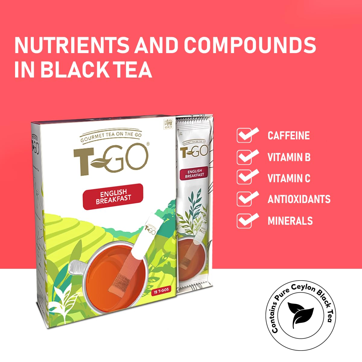 T-GO English Breakfast Tea Herbal Black Tea Bags Convenient Tea Sticks Caffeinated Stirring Spoon Ceylon Tea 15 Tea Sticks