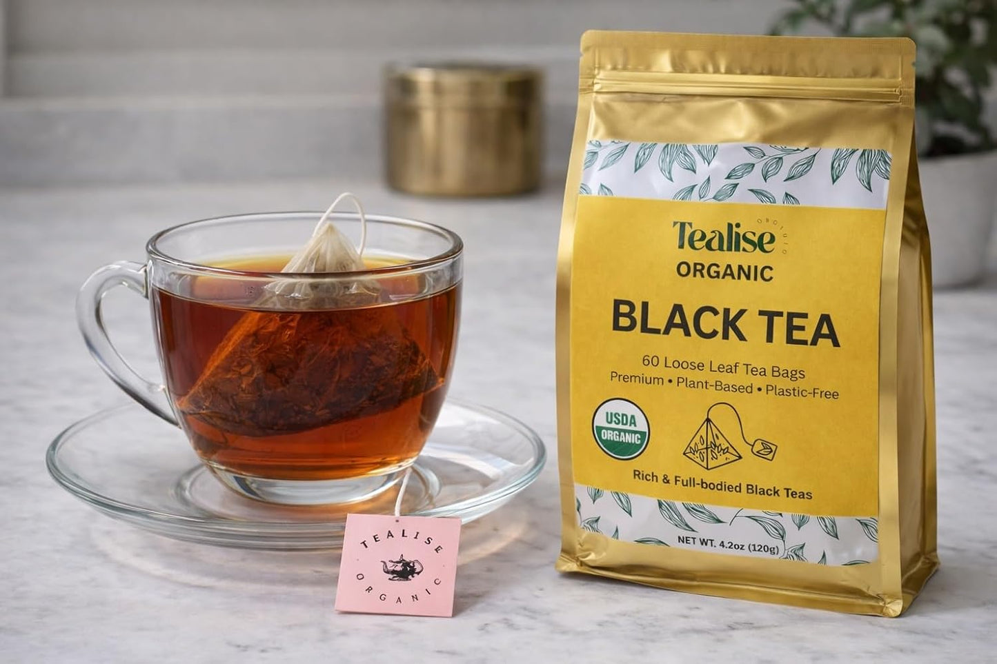 Organic Black Tea Plant-Based & Plastic-Free Tea Bags 60 Servings Premium Whole Leaf Loose Tea by Tealise