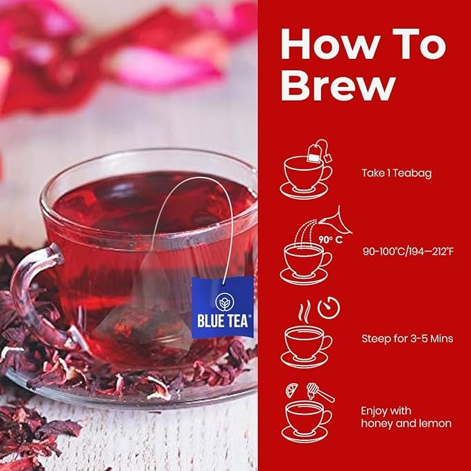 Blue TEA - Hibiscus Tea - 25 Count - Plant Based Tea Bags, Supports Healthy Sugar Levels, Enhances Skin Glow, Caffeine Free - Herbal Tea