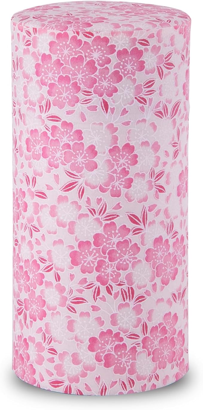 NOREN Japanese Tea Canister Tin (Yuzen Washi Paper - Oboro Sakura/Pink), 7.06oz Size/Made in JAPAN with Includes Inner Lid of Airtight Damp-Proof/Kitchen Jar for Loose Leaf Coffee Tea Spice and More
