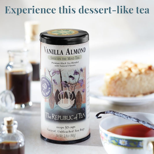 The Republic of Tea Vanilla Almond Black Tea, Naturally Caffeinated, 50 Ct | Made for morning or afternoon sipping. Brisk and full-bodied with notes of soft sweetness. Gluten Free and Carb Free.
