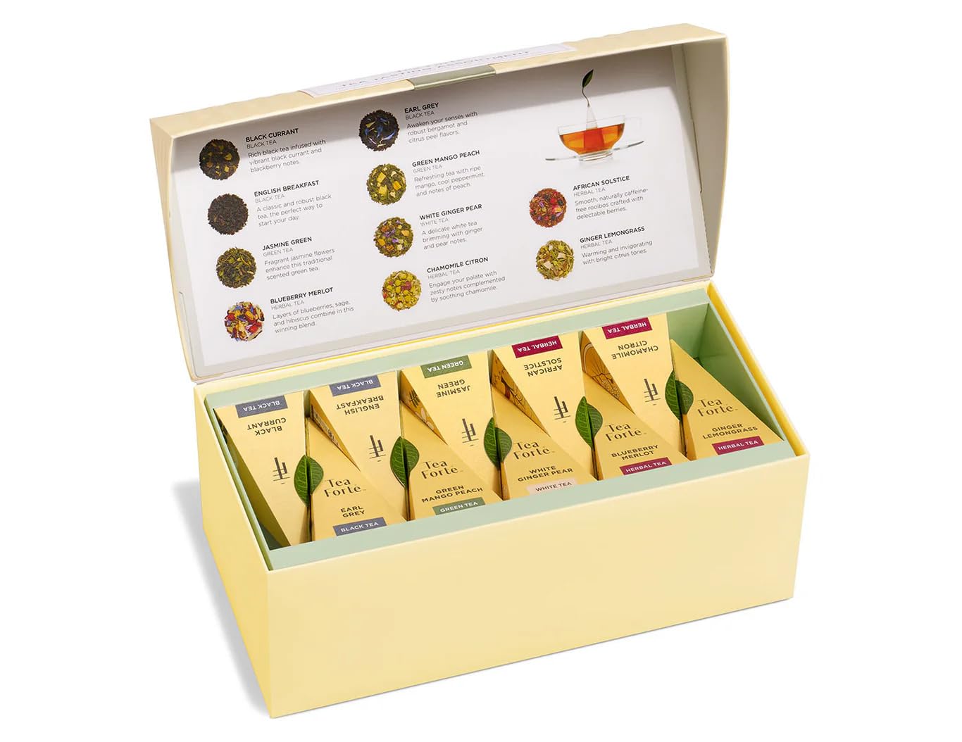 Tea Forte Tea Sampler, 20 Pyramid Infuser Bags, Premium Tea Gift Set | Assorted Tea Presentation Box, 2 of Each Blend, Individually Wrapped, Giftable Presentation Box for Tea Lovers