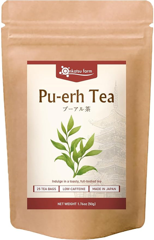 Onkatsu Farm Pu-erh (Pu'er) Japanese Black Premium Tea Bags, Deep Toasty Flavor, Hot or Iced, 25 Total Tea Bags