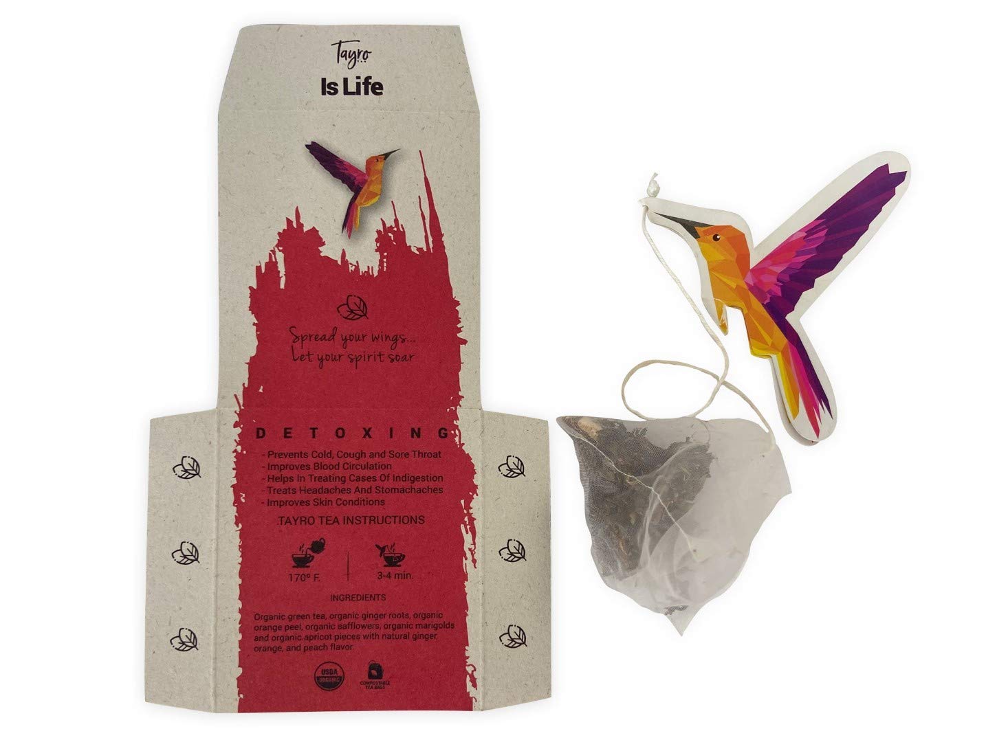 Tayrotea Organic Pyramid Tea Bags - 12 Count, Elegant Hummingbird Design