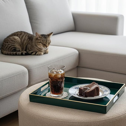 Zosenley Decorative Tray, Rectangular Plastic Tray with Handles, Modern Vanity Tray and Serving Tray for Bathroom, Kitchen, Ottoman and Coffee Table, 15.6” x 10.2” (Dark Green)