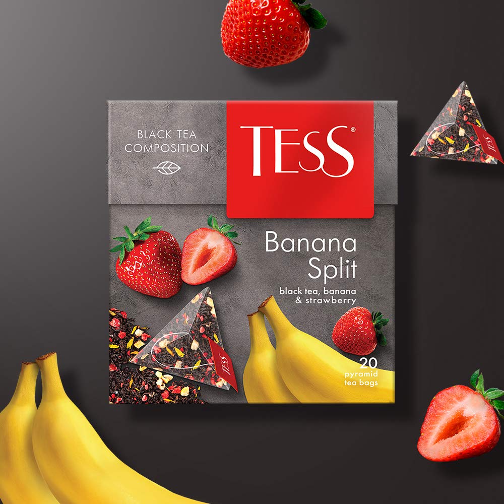 Black Tea Tess Banana Split Strawberry Beverages Grocery Gourmet Food 20 Pyramids of Tea Bags