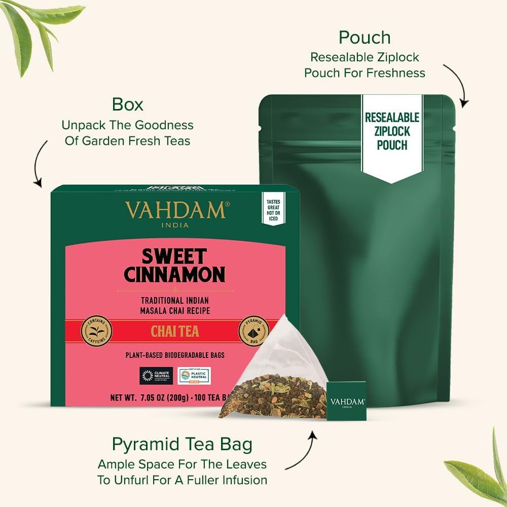 VAHDAM Sweet Cinnamon Chai Tea Bags (100 Count) | 100% Natural Spices | Spiced Masala Chai with Natural Cinnamon | Aromatic &amp; Rich Flavor | Hot or Iced Brew