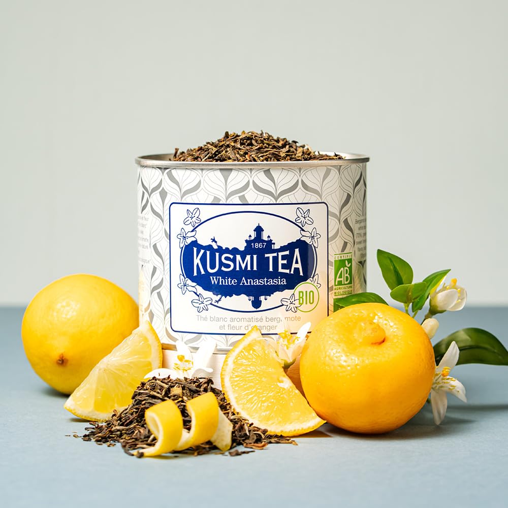 Kusmi Tea - White Anastasia - Organic Blend of White Tea with Bergamot - Smooth, Flavourful Tea - Enjoy Hot or Iced - Loose Leaf Tea - Tin Box of 3.1 oz - Quantity for about 50 cups