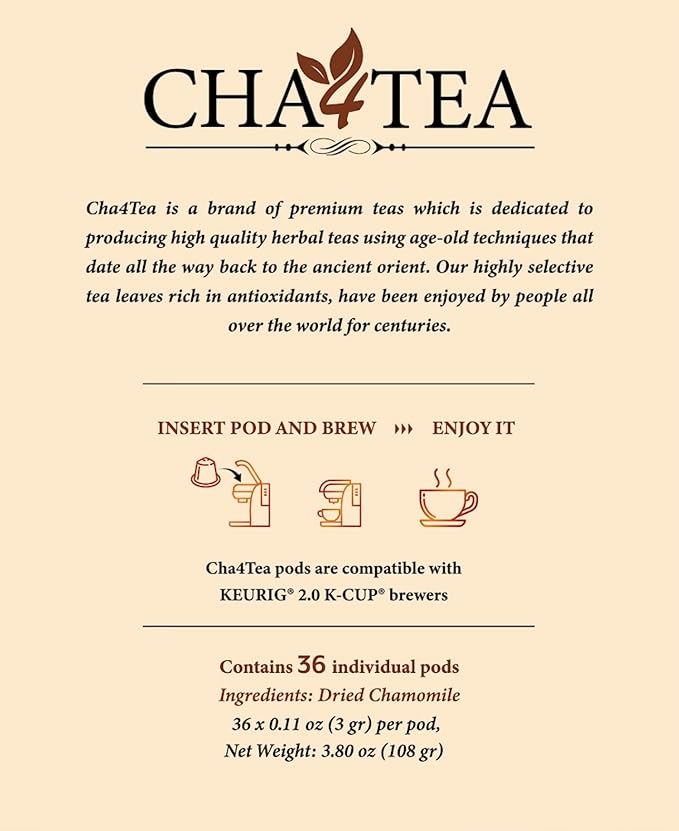 Cha4Tea 36-Count Pure Camomile Herbal Tea Pods Compatible with Keurig Brewers - Bedtime/Sleep-well/Nightly Calm/Relaxing Tea