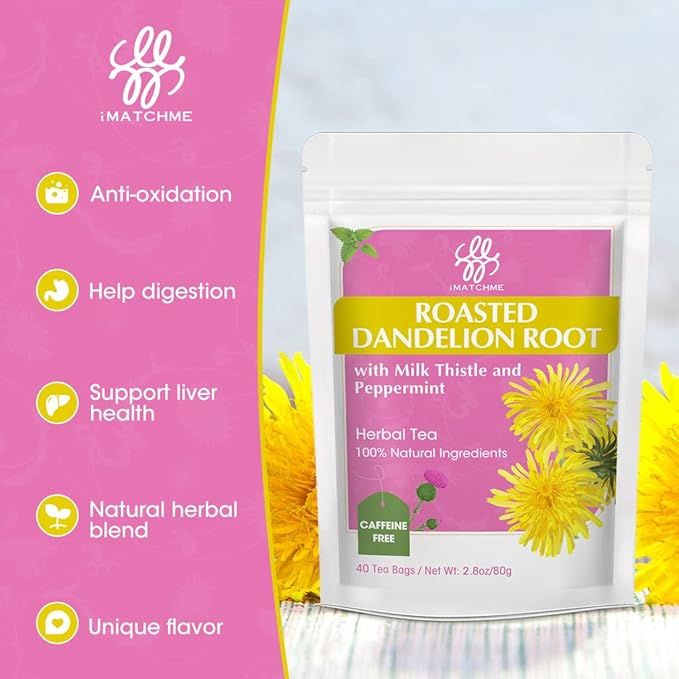 Premium Roasted Dandelion Root Tea with Milk Thistle and Peppermint - Herbal Tea for Cleanse and Digest, 40 bags