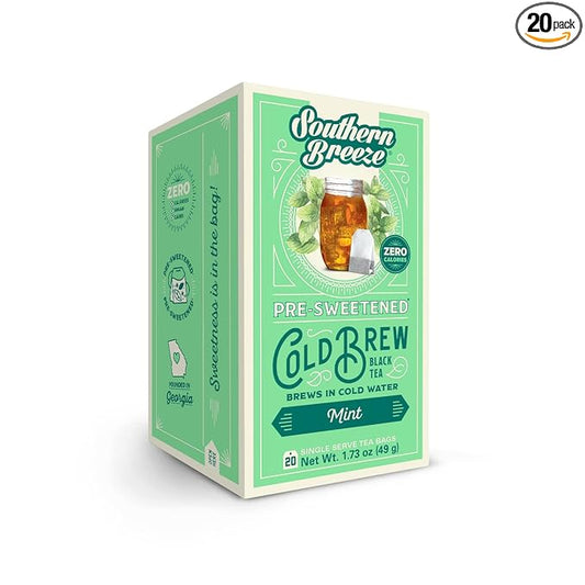 Southern Breeze Cold Brew Sweet Tea Mint Iced Tea with Black Tea and Zero Carbs Zero Sugar, 20 Individually Wrapped Tea Bags Southern Sweet Tea Iced Tea Beverage
