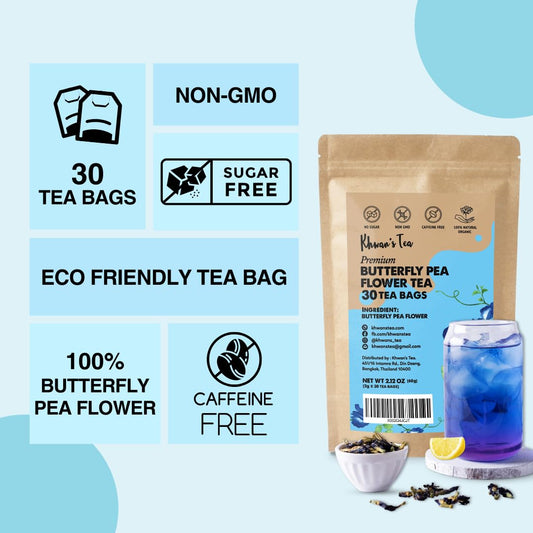 KHWAN'S TEA Organic Butterfly Pea Flower Tea Bags, 30 Count | USDA Organic butterfly pea flower, color-changing blue tea for mocktails, cocktails &amp; latte art, caffeine-free, 30 ct