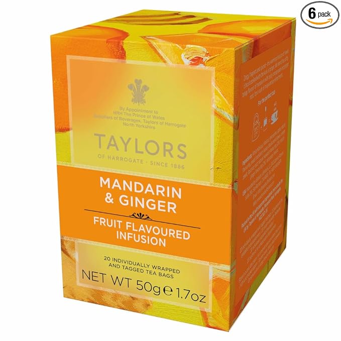 Taylors of Harrogate Mandarin & Ginger, Herbal Tea, Individually Wrapped Bags, 20 Count (Pack of 6), Zingy, Fragrant and Spiced, Caffeine-Free