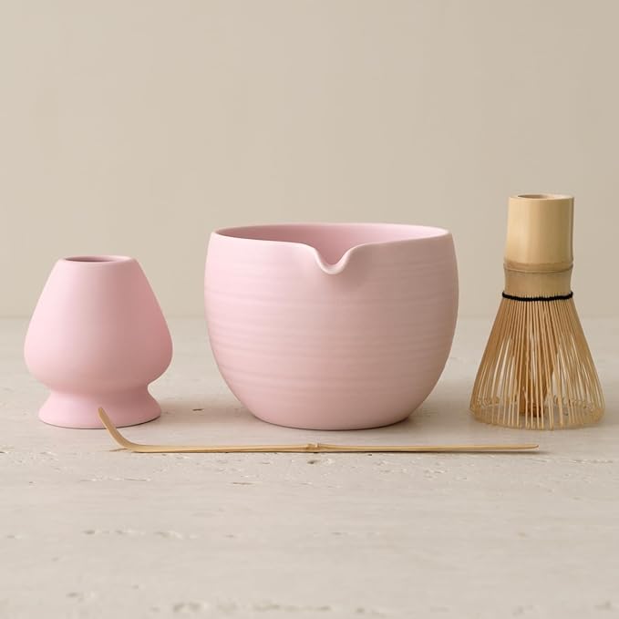 Matcha Whisk Set, Ceramic Matcha Bowl & Whisk Holder, Bamboo Accessory, Modern Design (Matte Soft Pi
