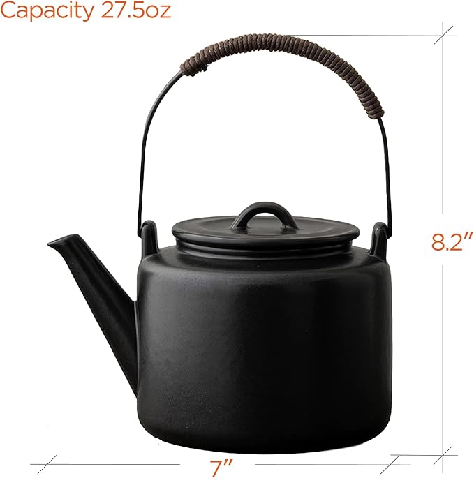 Small Stove Safe Ceramic Teapot with Cold Touch Curved Handle (27oz) - Hand-Glazed Finish - Suitable for Boiling Water and a Variety of Teas and Herbs - Matte Black