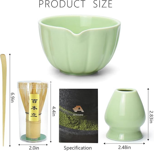 Artcome 4 Pcs Japanese Matcha Tea Set - Matcha Bowl with Pouring Spout, Matcha Whisk, Tea Scoop, Whisk Holder, Handmade Matcha Ceremony Kit For Japanese Tea Ceremony, Green