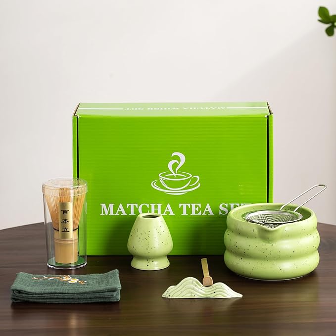 7Pcs Japanese Matcha Tea Set, Matcha Kit with Matcha Bowl (with Pouring Spout), Matcha Whisk, Whisk Holder, Strainer