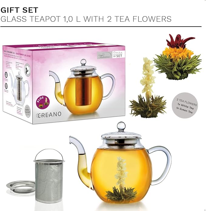 Creano Glass Teapot 34oz (1000ml) with removable stainless steel Tea Infuser - includes 2 Blooming Teas - Giftset - Tea Kettle and Tea Maker