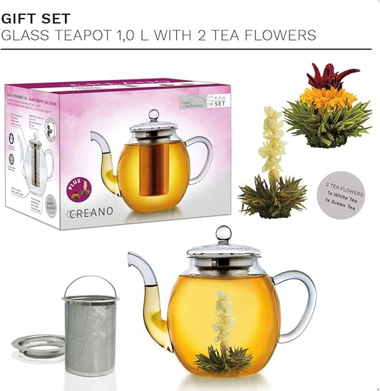 Creano Glass Teapot 34oz (1000ml) with removable stainless steel Tea Infuser - includes 2 Blooming Teas - Giftset - Tea Kettle and Tea Maker
