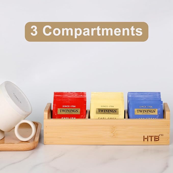 HTB Small Tea Bag Holder, Bamboo Tea Organizer 3 Compartments for Beverage Suppliers, Sugar, Sweeteners, Individual Packets, Portable Tea Bag Organizer for Home Kitchen Counter or Office