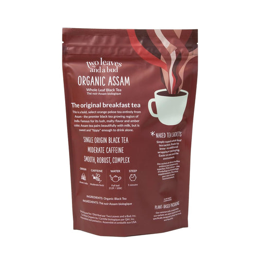 Two Leaves and a Bud Organic Assam Naked Tea Sachets, 50 Count (Pack of 1) | Whole Leaf Black Tea in Unwrapped Pyramid Sachets, Resealable Bag