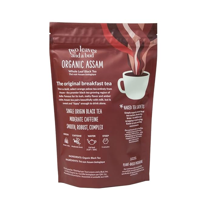 Two Leaves and a Bud Organic Assam - 50 Naked Tea Sachets, Whole Leaf Black Tea in Eco-Friendly Unwrapped Compostable Sachets, Resealable Bag, 50 Count (Pack of 1)