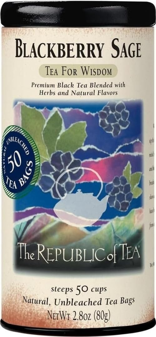 The Republic of Tea Blackberry Sage Black Tea, 50 Count | Naturally Caffeinated. Made for morning or afternoon sipping. Brisk and full-bodied. Gluten Free and Carb Free.