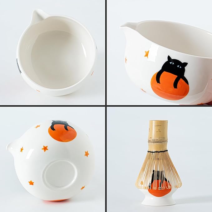 Matcha Set -Cute Cat Matcha Bowl Set with Whisk, Scoop, Whisk Holder & 2 Cups, 6 Pcs Authentic Matcha Tea Ceremony Kit, Great Gift for Tea Lovers