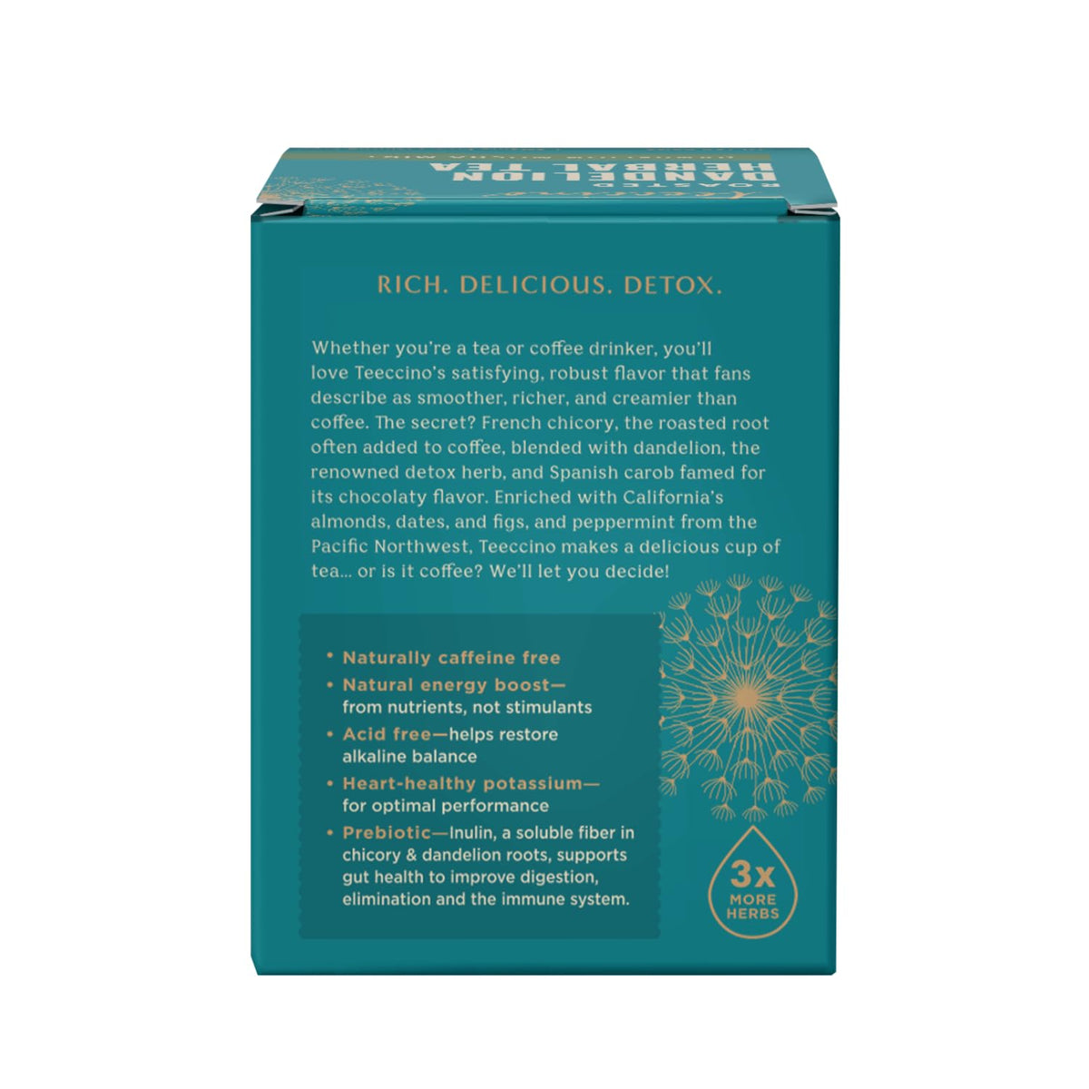 Teeccino Dandelion Root Tea - Mocha Mint - Caffeine Free, Roasted Herbal Tea with Prebiotics, 3x More Herbs than Regular Tea Bags, Gluten Free - 10 Tea Bags (Pack of 4)