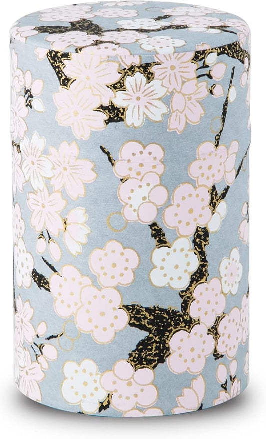 NOREN Tea Canister (Yuzen Washi paper), 3.5oz Size, Made in JAPAN, with Includes Inner Lid of Airtight, Damp-Proof, Kitchen Jar for Coffee, Tea, Spice and More (Plum and Sakura/Gray)