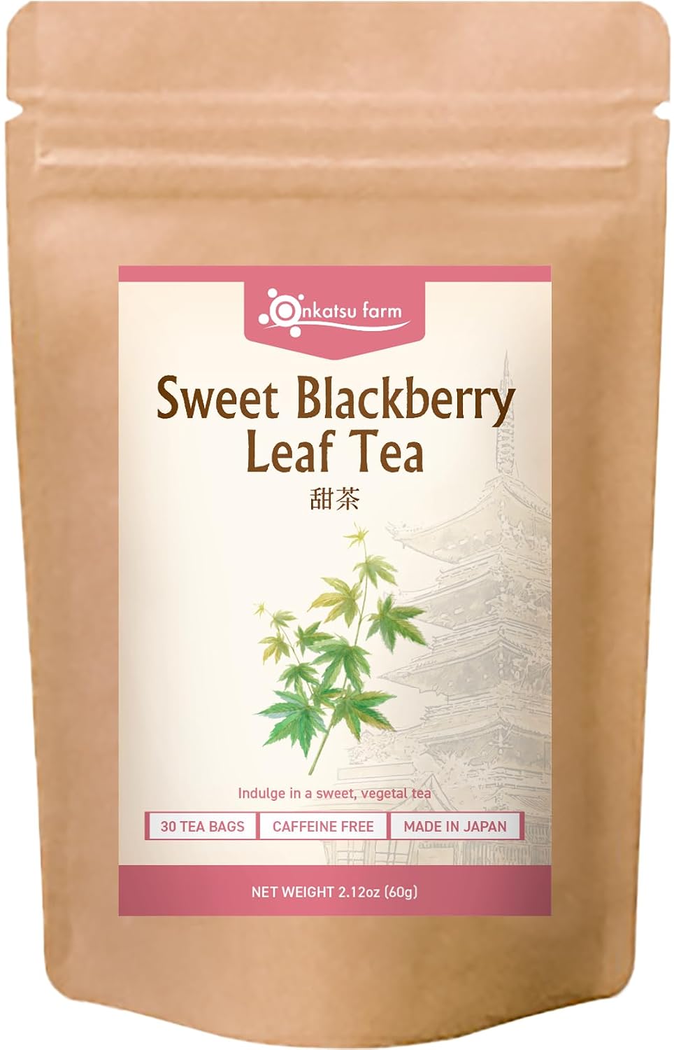 Onkatsu Farm Sweet Blackberry Leaf Premium Japanese Tea Bags, Bold Herbaceous Flavor Hot or Iced No Caffeine 30 Count Tea Bags