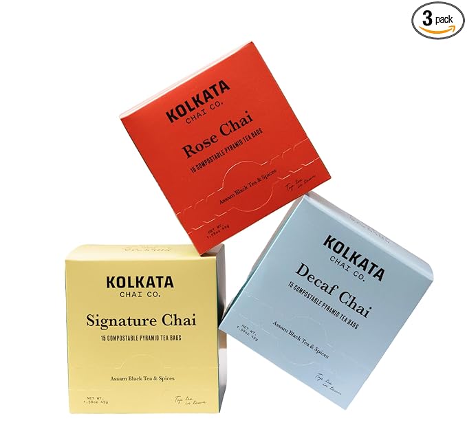 Kolkata Chai - Signature, Rose and Decaf Chai Tea Bag Variety Pack, 45 Count, Premium Assam Black Tea and Spices, Compostable Tea Bags, Vegan, All Natural