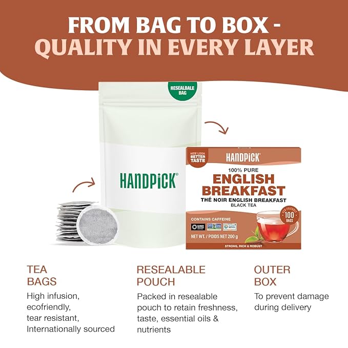 HANDPICK, Organic English Breakfast Black Tea Bags (100 Count) USDA Organic, Non-GMO | Strong, Robust, High-Caffeine Black Tea | Eco-conscious Tea Bags, Brew English Breakfast Tea & Kombucha Tea