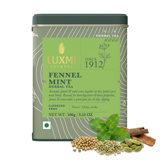 Luxmi Estates Fennel Mint Herbal Tea | Loose Leaf in Resealable Tin Caddy 100g (3.5oz, ~50 Cups) | 5-Herb Ayurvedic Digestive Blend with Fennel, Peppermint, Coriander Seed, Cardamom &amp; Cinnamon, Caffeine-Free