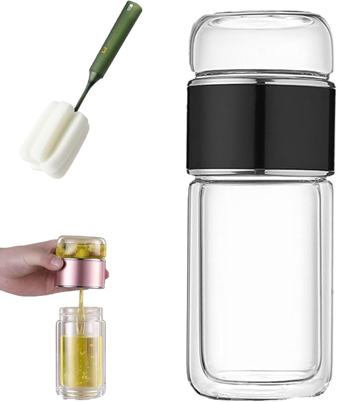 Glass Infuser, 3-in-1 smart Tea Infuser Double Wall Glass Teacup with infuser for Loose Tea, Portable Teas Steeper (Black, 12oz)