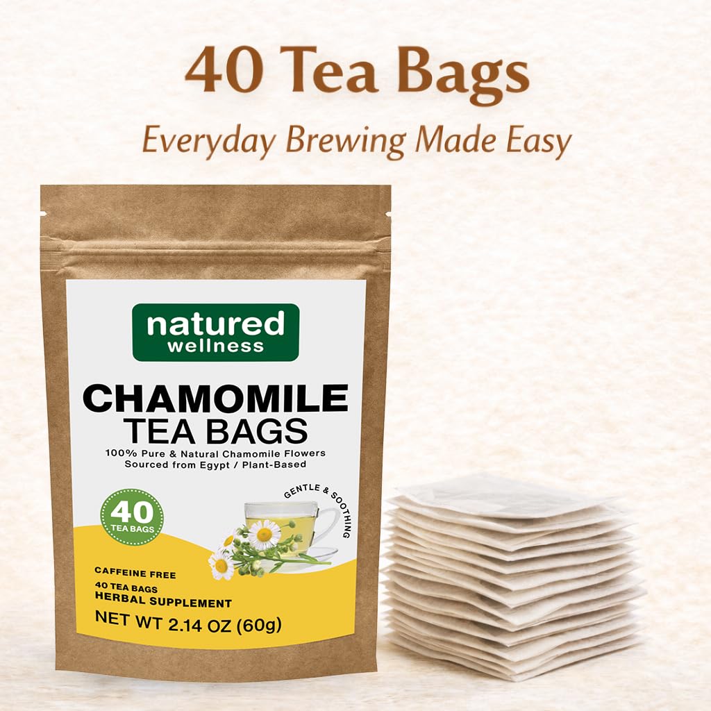 Natured Wellness Chamomile Tea Bags (40 Count), Pure Chamomile Flower Herbal Tea, No Additives or Fillers, Non-GMO, Caffeine-Free, Enjoy Hot or Iced