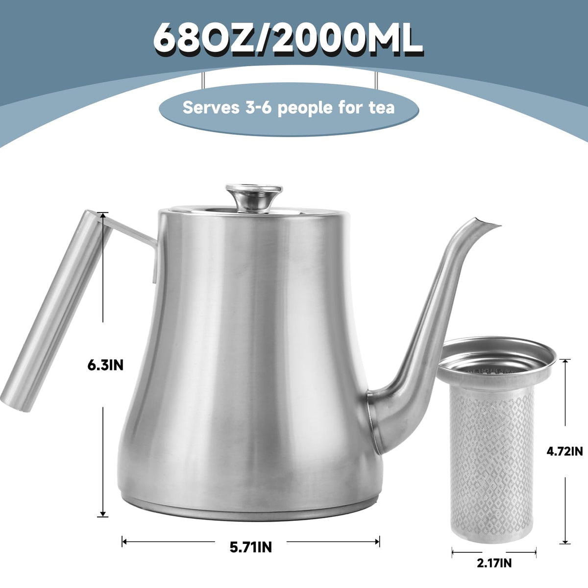 GURUDAR 68OZ/2000ML Stainless Steel Teapot with Removable Infuser, Stovetop & Dishwasher Safe Tea Maker Water Kettle for