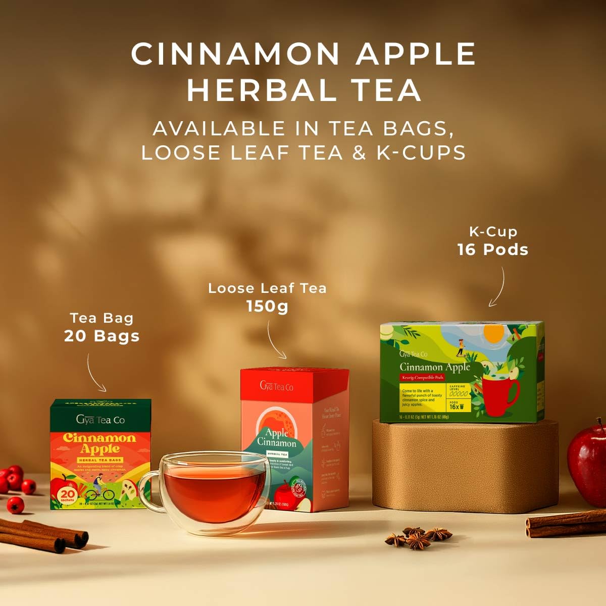 Apple Cinnamon Tea Bags 20 Count - 100% Natural Caffeine Free Herbal Tea | Cinnamon, Apple &amp; Hibiscus Blend, Hot or Iced, No Artificial Ingredients, Spiced Warming &amp; Cozy Fall Flavor