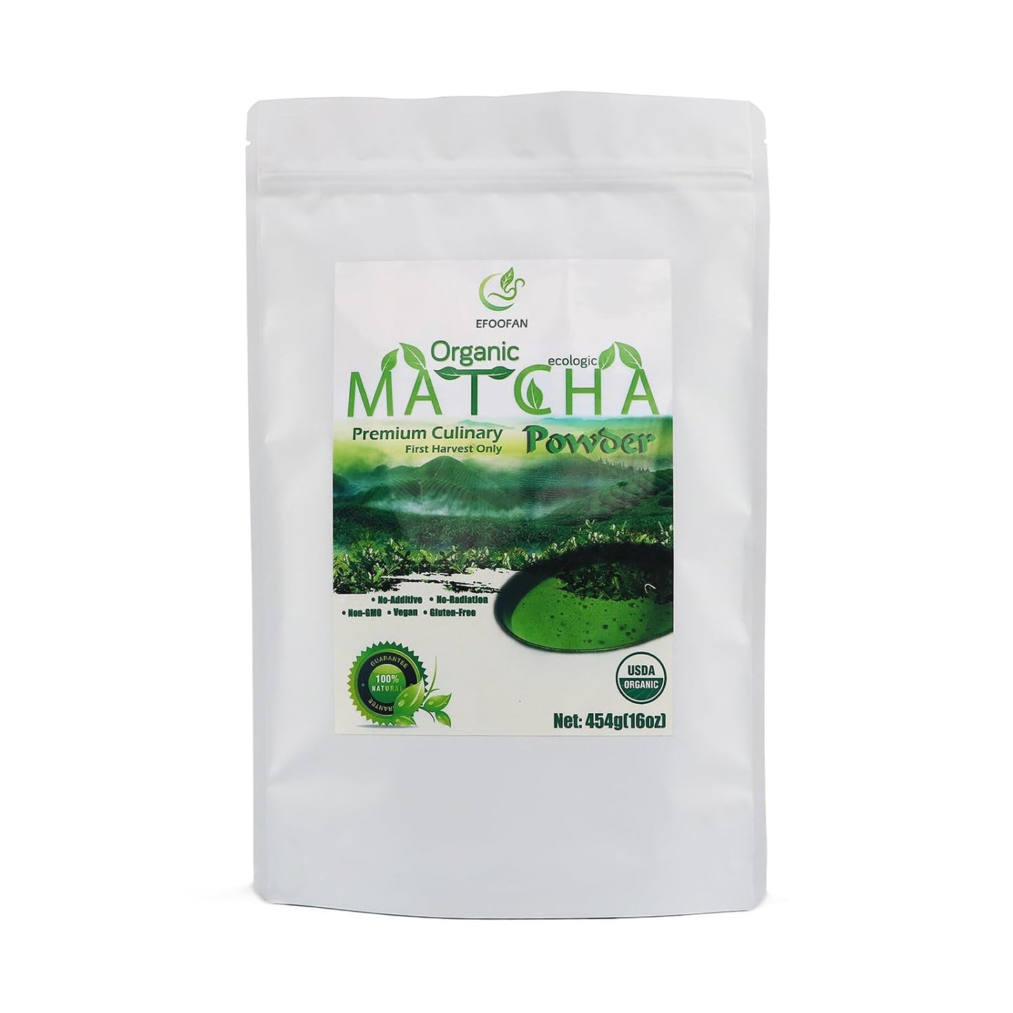 EFOOFAN Organic Premium Culinary Matcha Powder, Tencha Flavor, 16oz Bulk | USDA certified. Premium grade for baking, ice cream &amp; smoothies. Bulk size, great value. Finely ground. Resealable bag.