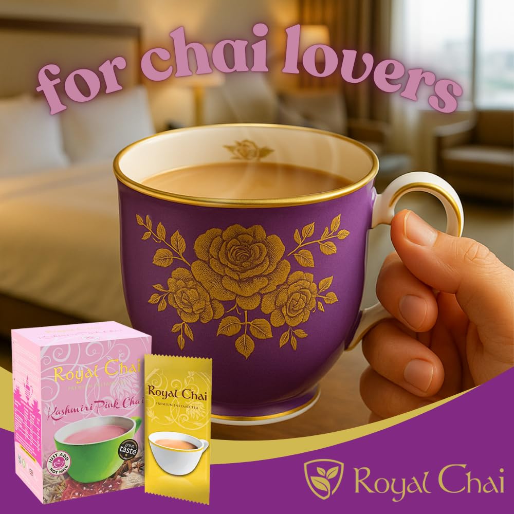 ‎Royal Chai | Kashmiri Pink Chai Sweetened | 10 Count Single Box | All Natural, No Preservatives | Premium Instant Tea | Made in the UK