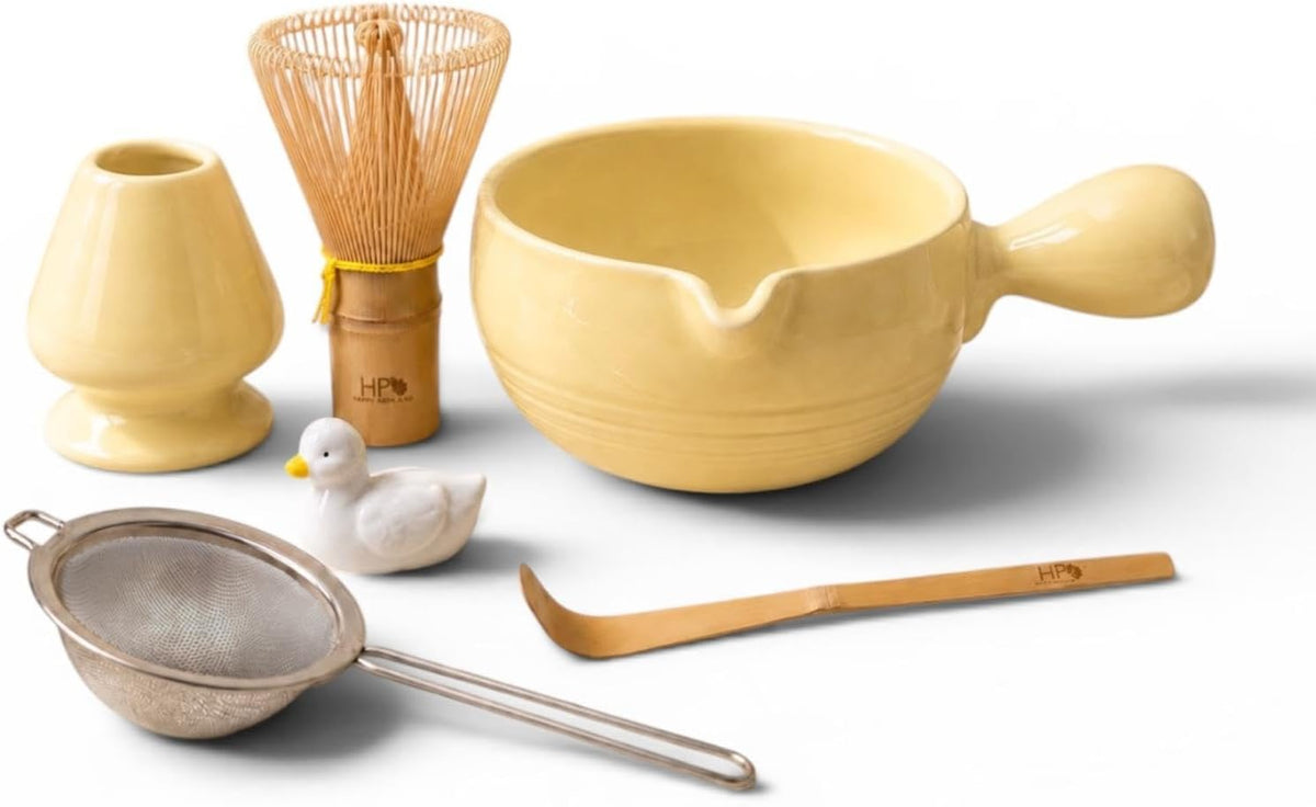 HAPPY PATH &amp; CO Patented Matcha Bowl Set with Handle &amp; Spout - Spill-Free Pouring | Complete Matcha Set for Beginners | Includes Bamboo Whisk, Scoop &amp; Stand (Sunny Duckling - Soft Yellow)