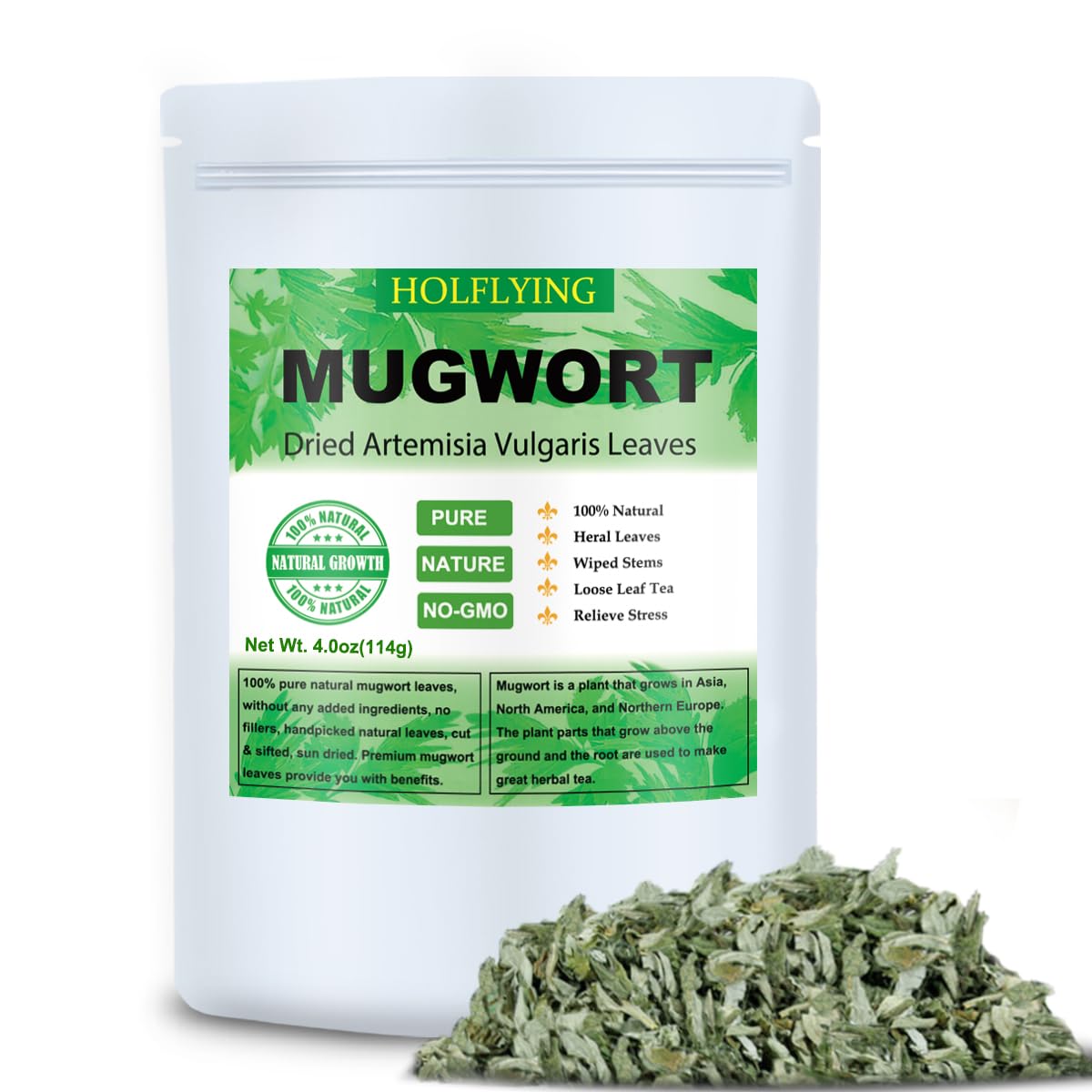 HOLFLYING Dried Mugwort Leaves, 4oz(114g), Natural Artemisia Vulgaris Herb Loose Leaves, 100% Natural Mugwort Tea, No Gmo