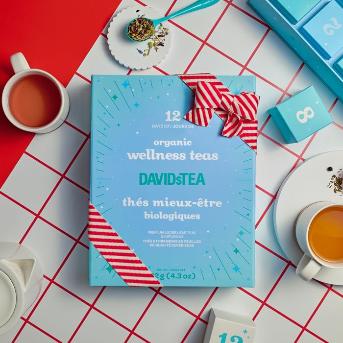 DAVIDsTEA 12 Days of Wellness Teas – 12 Organic Loose Leaf Tea Sampler Gift Set, 24 Servings | Variety Pack of Herbal, Chai, Oolong & Green Tea