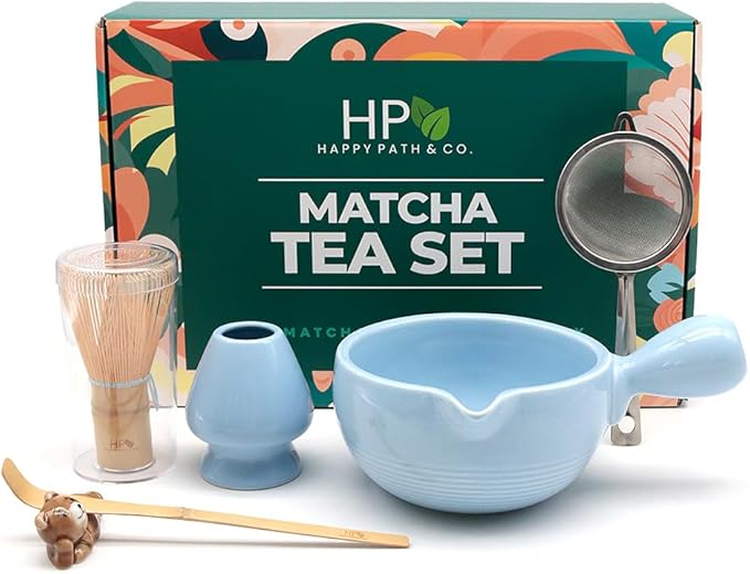 HAPPY PATH & CO Matcha Whisk Set – 6 Pcs Matcha Tea Set Includes Bamboo Whisk(Chasen) & Holder,Bowl with Spout,Sifter,Scoop & Stand | Matcha Making Kit - Perfect for Matcha Lovers(Sky Bear)