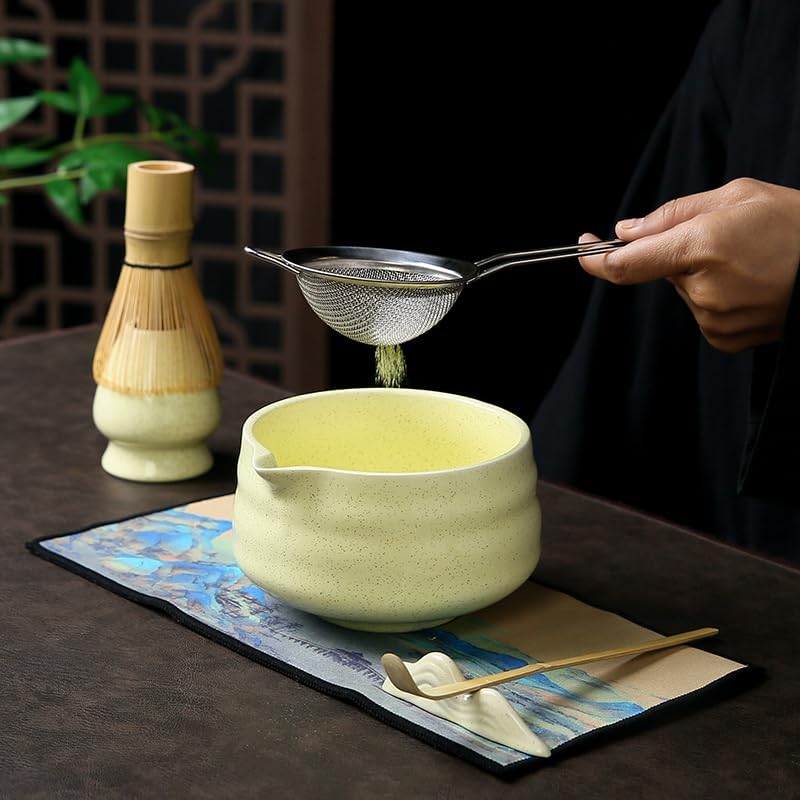 7 matcha whisk set 1 Matcha Whisk ，Matcha Bowl with Pouring Spout Scoop Matcha Whisk Holder Tea Making Kit. 1 matcha whisk set (7pcs), 15.2 Ounce (Yellow)