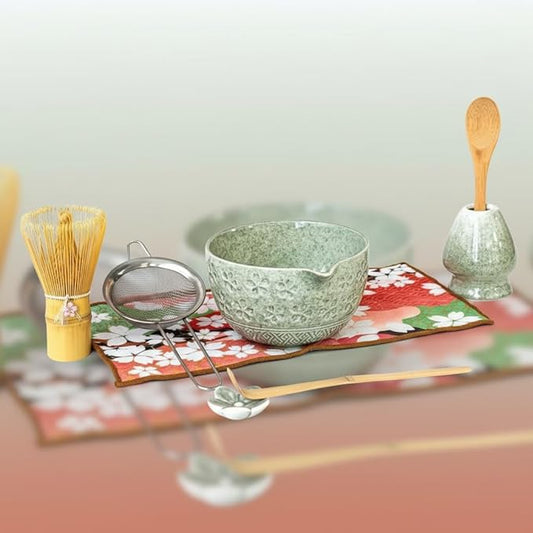 Matcha Whisk Set with Matcha Bowl, Matcha Bamboo Whisk, Scoop, Sifter, Matcha Whisk Holder Unique Gifts for Friend Home Kitchen Decor Gifts for